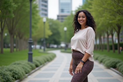 Femme ronde souriante dans un parc urbain moderne