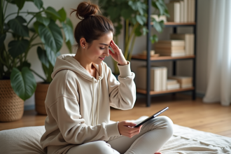 Femme en yoga visage utilisant une application sur tablette dans un salon