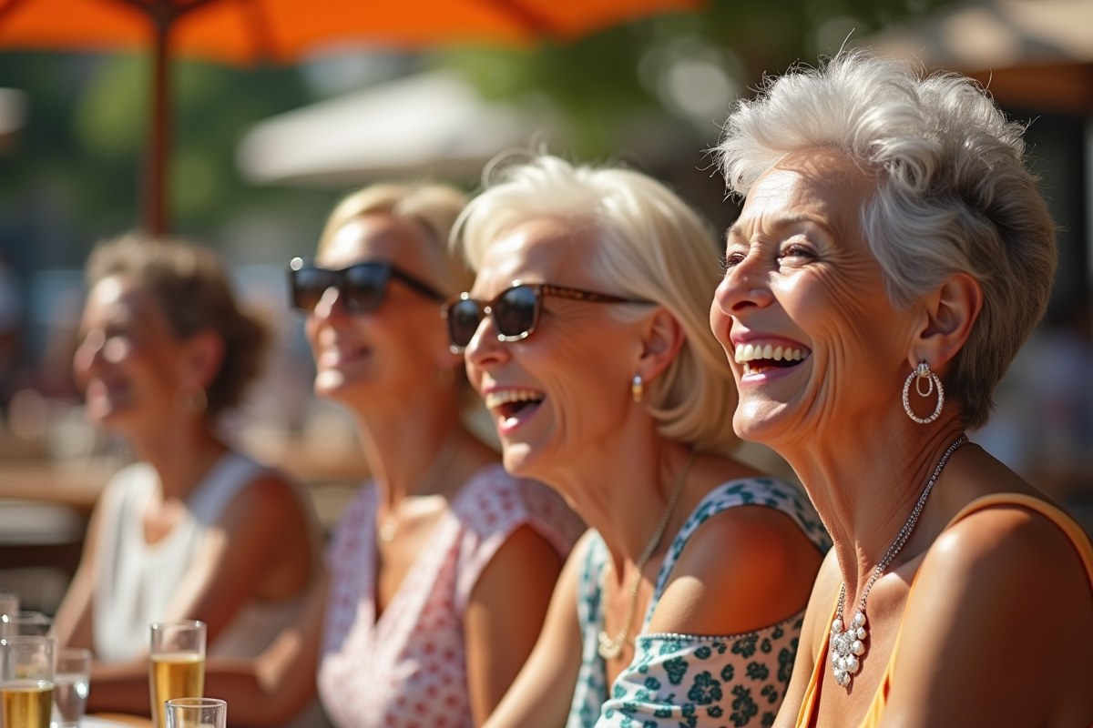 Groupe de femmes de plus de 60 ans riant au café en plein air