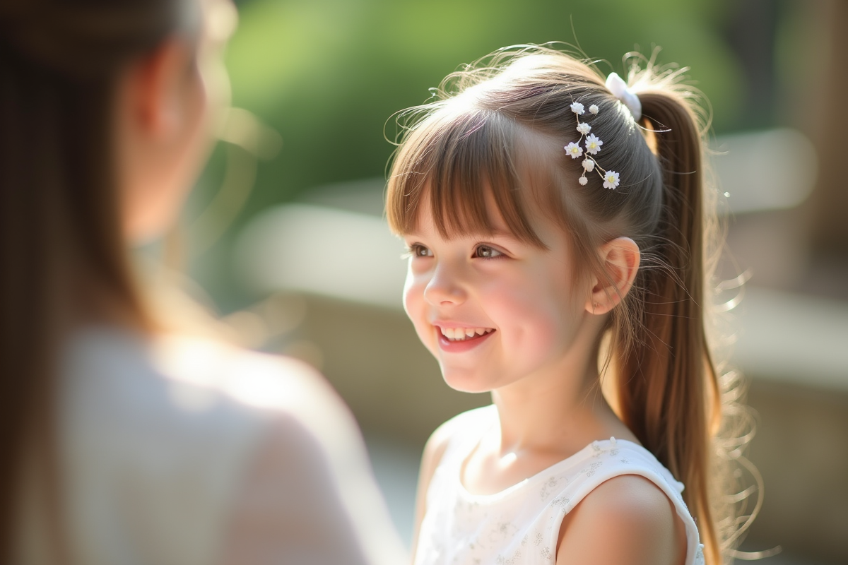 Petite fille souriante en robe blanche avec coiffure florale