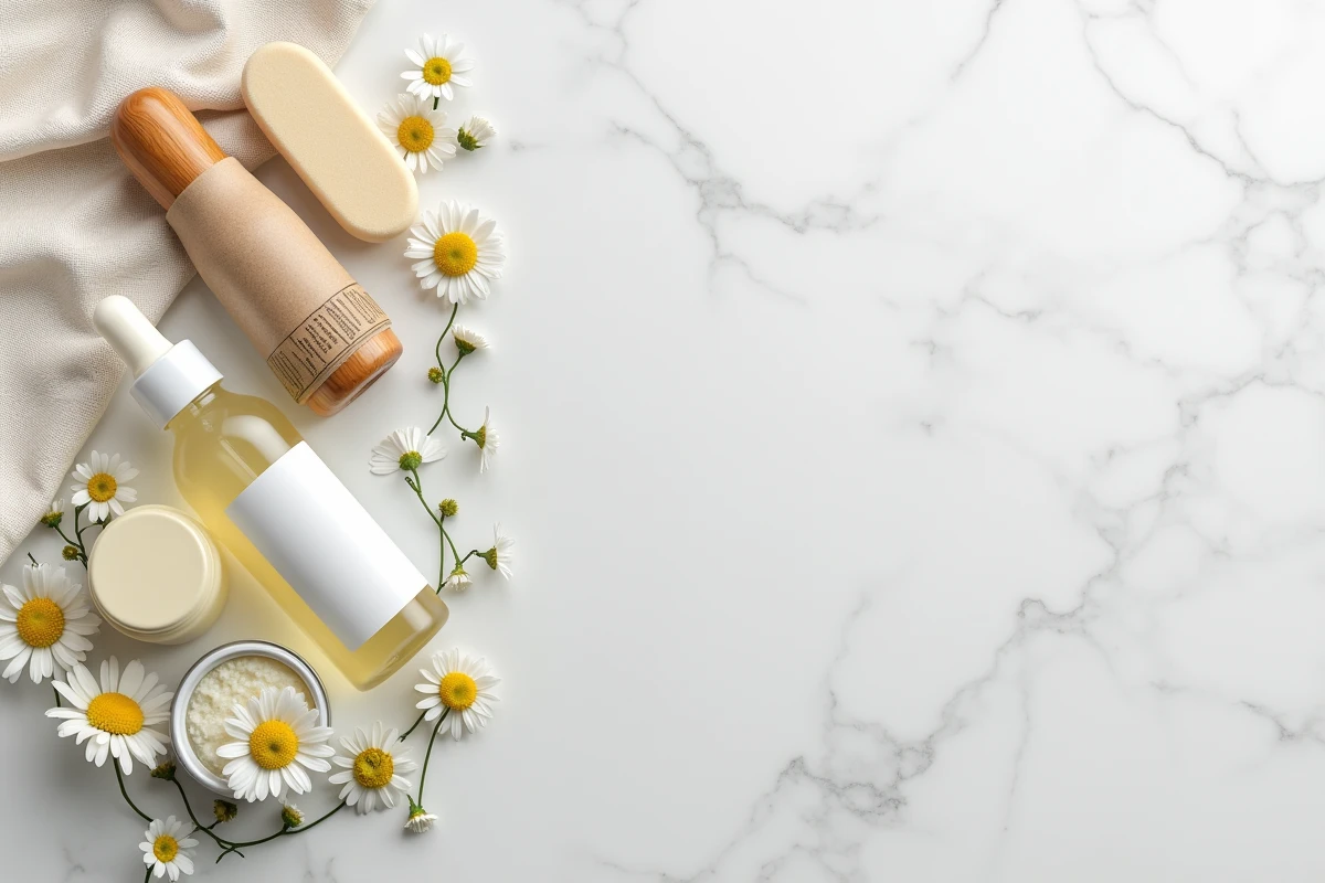 Flat lay de produits de beauté naturels et zéro déchet sur marbre blanc avec fleurs de camomille séchées pour une routine beauté clean débutante