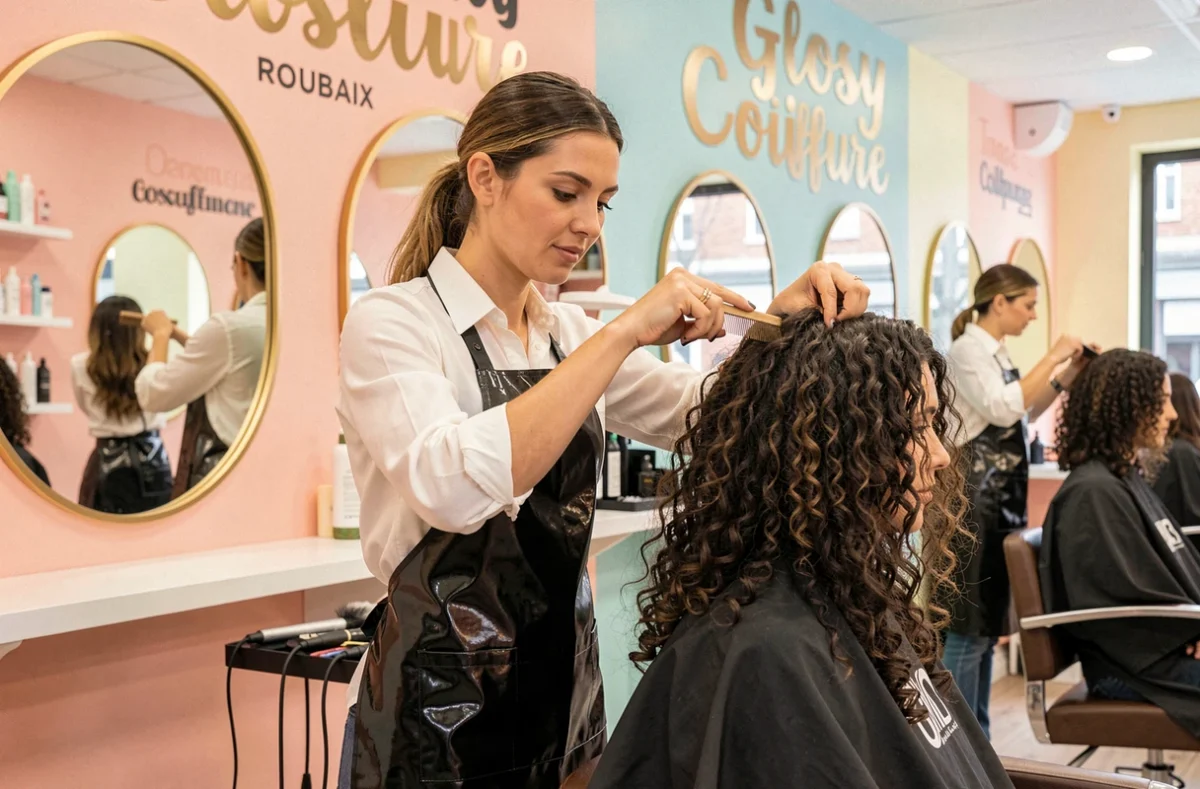Salon Glossy Coiffure à Roubaix avec une coiffeuse travaillant les boucles d'une cliente dans un cadre coloré et moderne