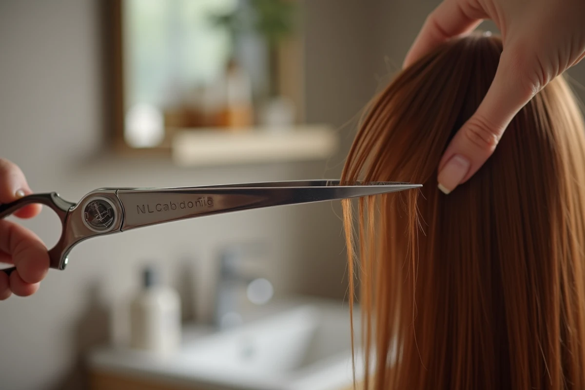 Gros plan de ciseaux professionnels coupant les pointes de cheveux lisses châtains tenus entre les doigts