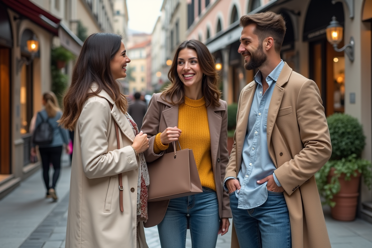 Groupe de personnes faisant du shopping dans une rue cosmopolitaine