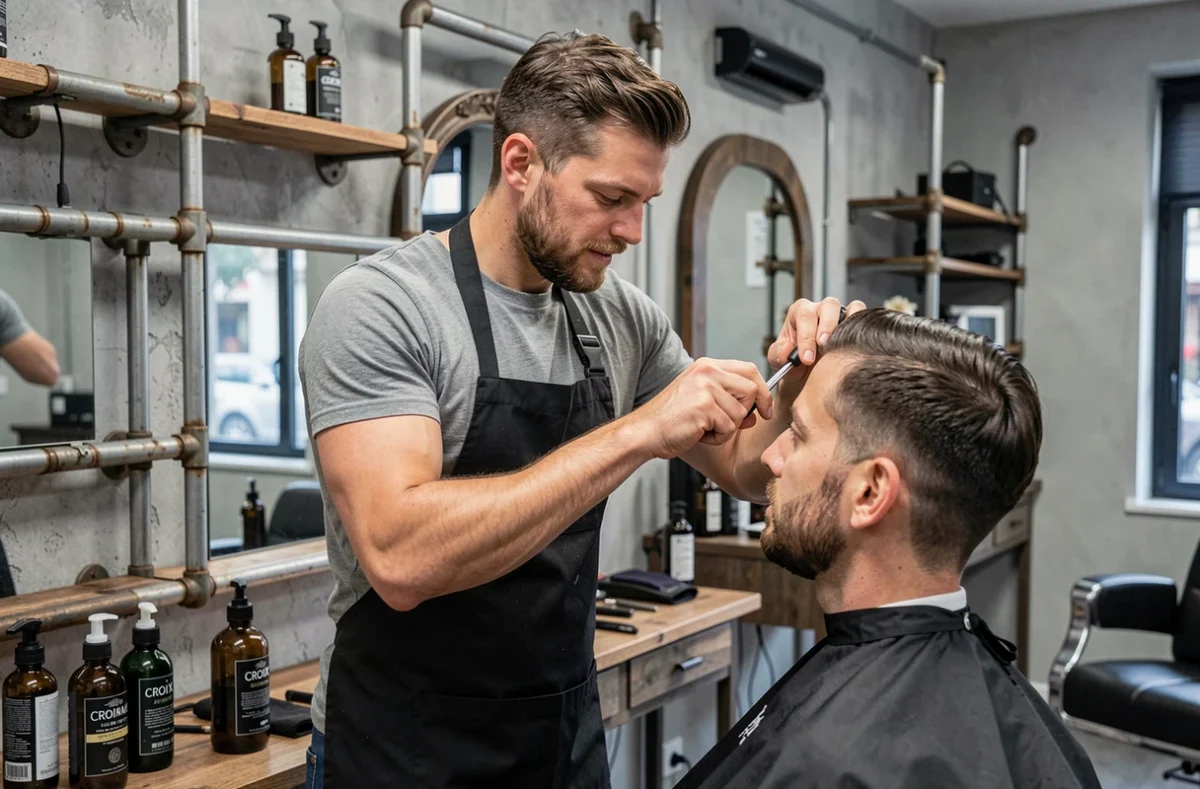 Guillaume H. dans son salon de coiffure à Croix réalisant une coupe soignée sur un client dans un cadre industriel tendance