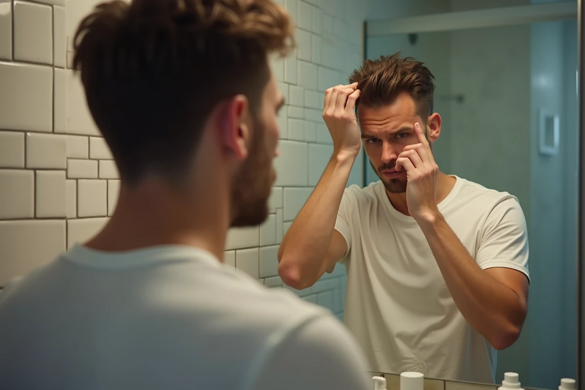 Homme appliquant un serum capillaire devant un miroir de salle de bain