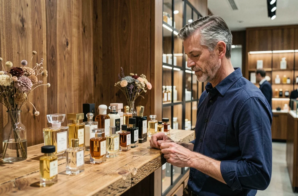 Homme examinant des flacons de parfum dans une boutique haut de gamme pour trouver la marque de parfum qui lui correspond