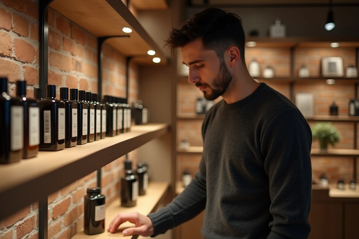 Homme explorant des parfums musqués dans une boutique de parfumerie de niche au décor en bois et briques
