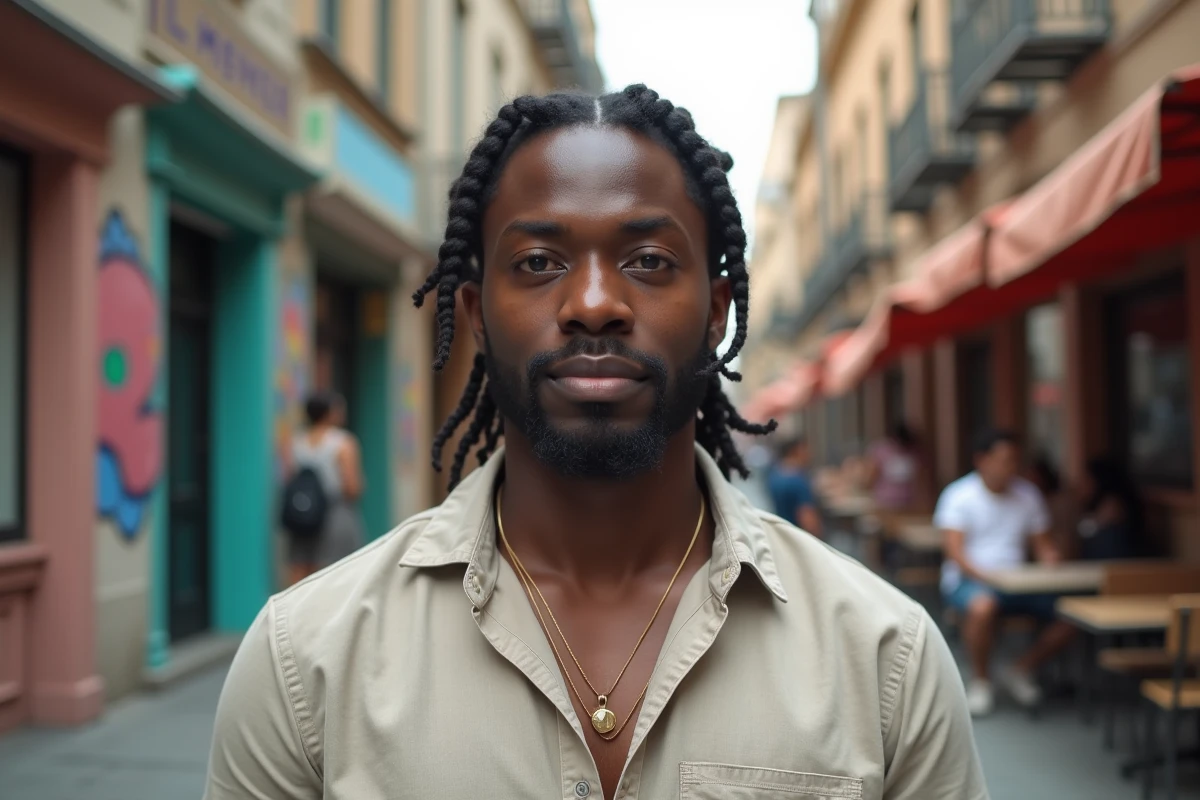 Homme noir avec box braids dans une rue urbaine dynamique