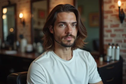 Homme aux cheveux longs avec dégradé bas assis dans un salon de coiffure moderne, vue de trois quarts montrant la coupe dégradée et la longueur des cheveux