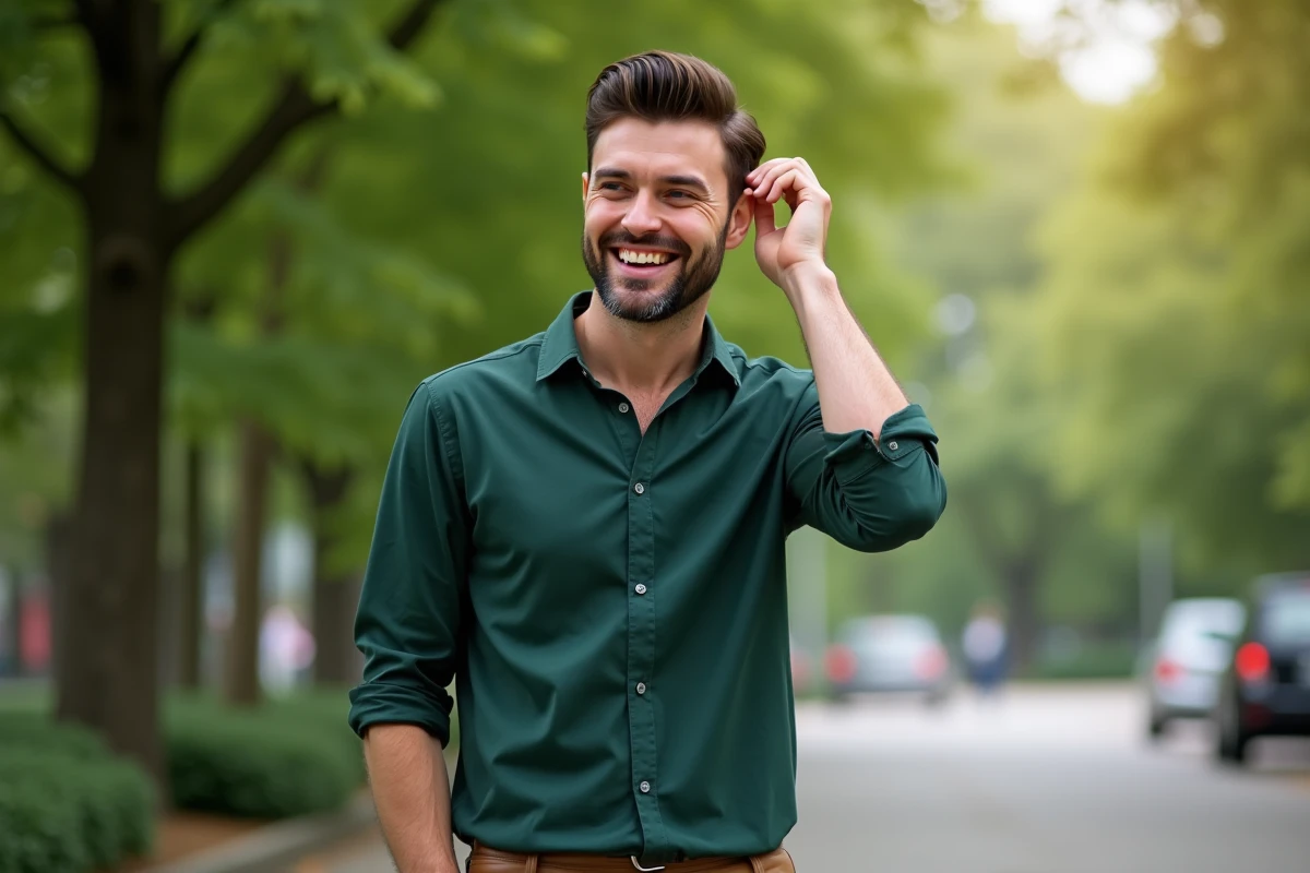 Homme souriant avec coupe de cheveux dans un parc verdoyant