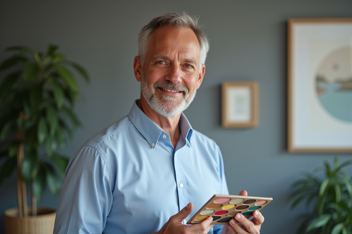 Homme en intérieur choisissant une palette de maquillage