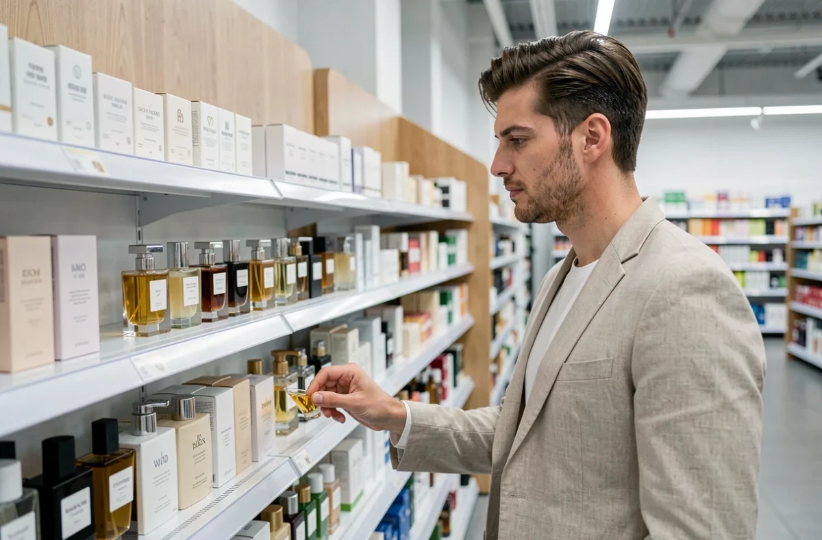 Homme élégant choisissant un parfum masculin dans un rayon de supermarché moderne, illustration des parfums homme Lidl été 2026