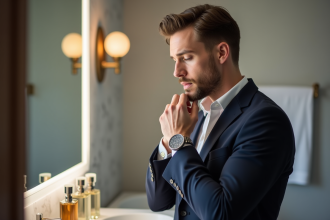 Homme en chemise blanche appliquant du parfum dans une salle de bain moderne