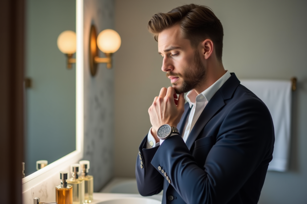 Homme en chemise blanche appliquant du parfum dans une salle de bain moderne