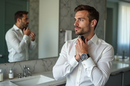 Homme élégant vaporisant du parfum dans une salle de bain moderne