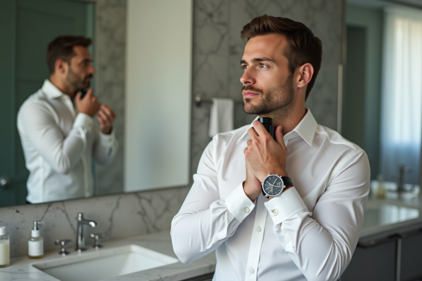 Homme élégant vaporisant du parfum dans une salle de bain moderne