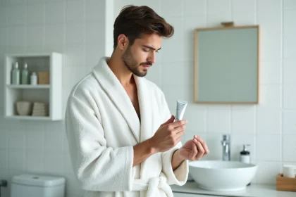 Homme lisant attentivement l'étiquette d'une crème dépilatoire dans une salle de bain moderne avant application sur peau sensible