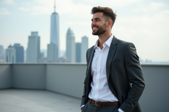 Homme méditerranéen en costume sur un rooftop urbain
