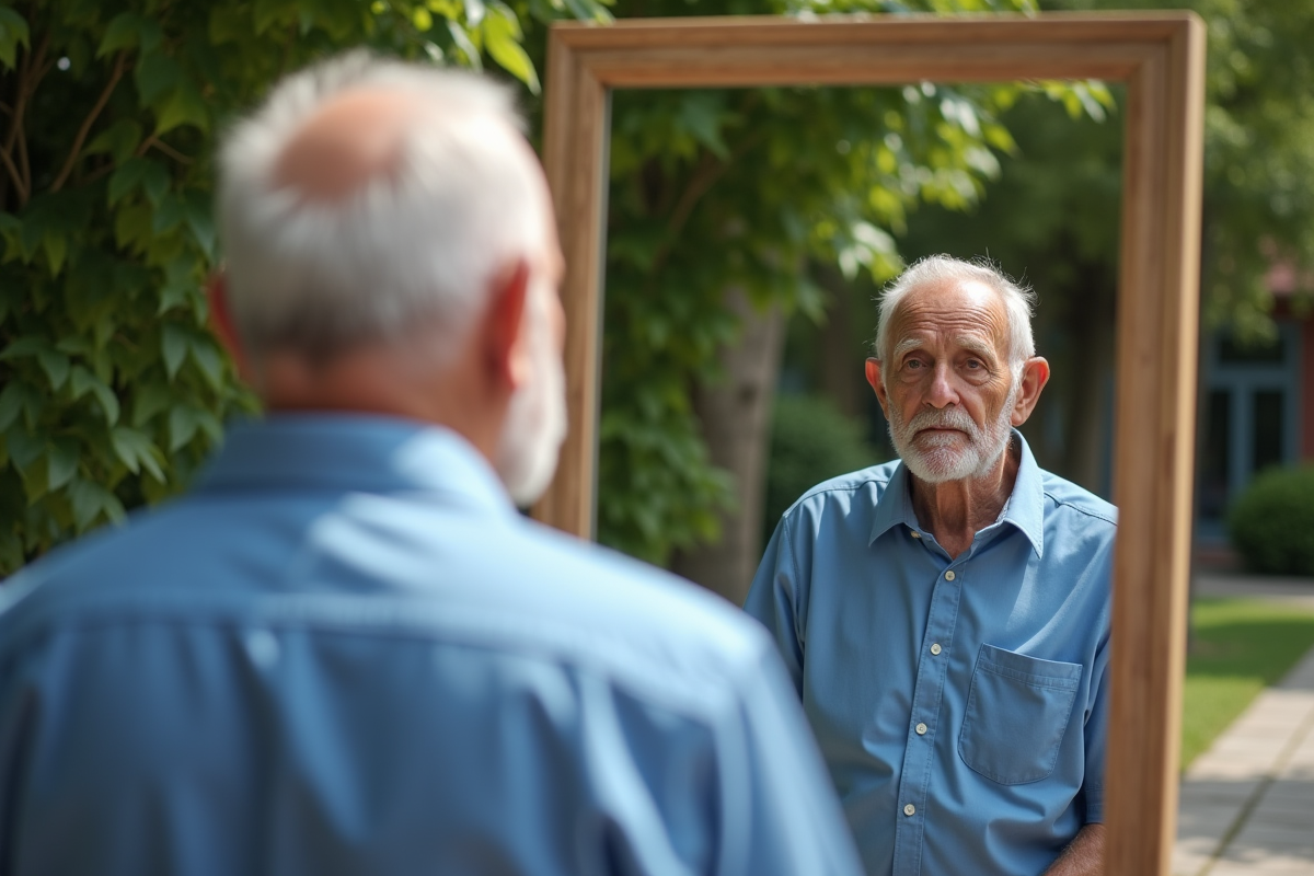 Homme âgé regardant son reflet dans un miroir en jardin