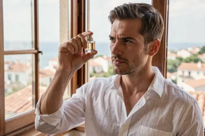 Homme tenant un flacon de parfum devant une fenêtre méditerranéenne en été, évoquant les fragrances Lidl pour homme 2026