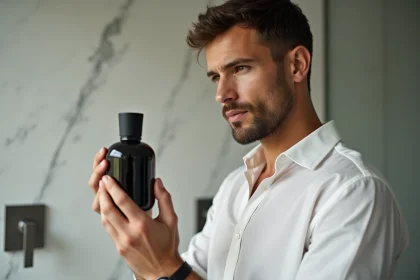 Homme tenant un flacon de parfum musc intime dans une salle de bain minimaliste en marbre