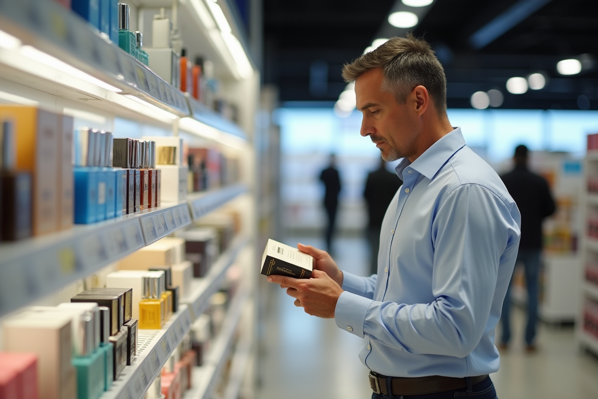 Homme d affaires comparant deux parfums en magasin