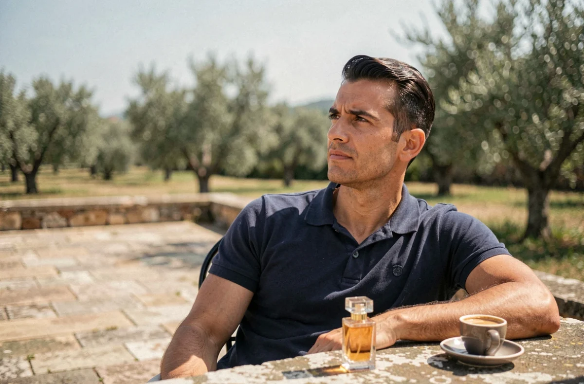 Homme détendu sur une terrasse ensoleillée avec un flacon de parfum posé sur la table, ambiance estivale pour les fragrances Lidl homme 2026