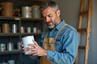 Homme d'âge moyen examinant une bombe de primer dans un garage