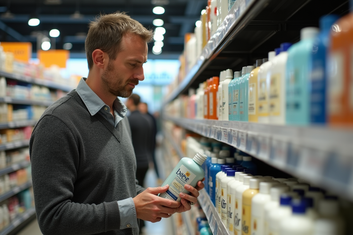 Homme cherchant un shampoing en supermarche