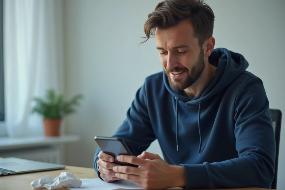 Homme contactant le service client Primor par téléphone depuis son bureau à domicile en France
