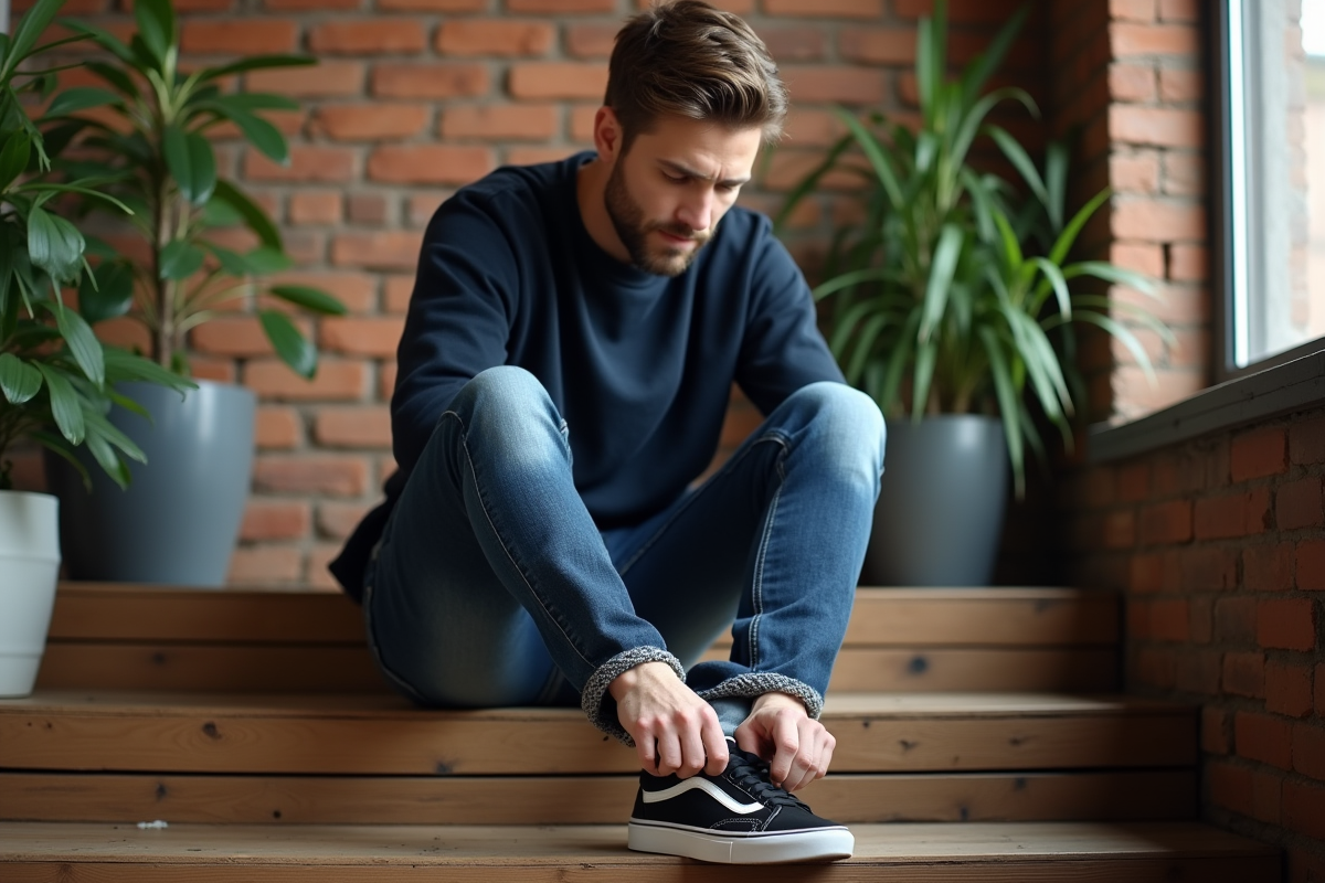 Homme assis sur les escaliers portant jeans tapered et pull