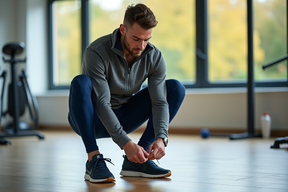 Homme en tenue de sport dans une salle de gym lumineuse