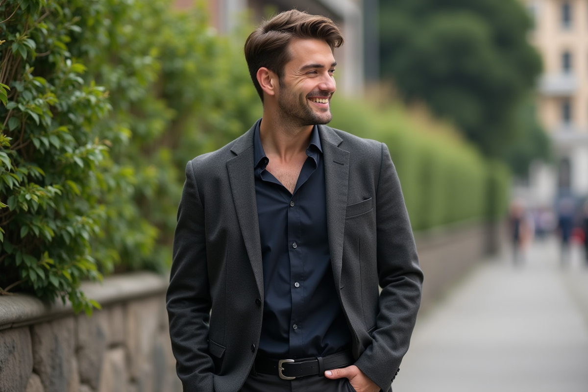 Homme décontracté en blazer près d’un mur en pierre