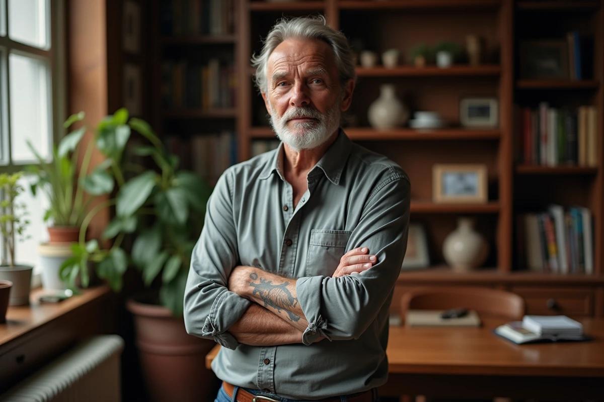 Homme montrant tatouage tortue dans son bureau