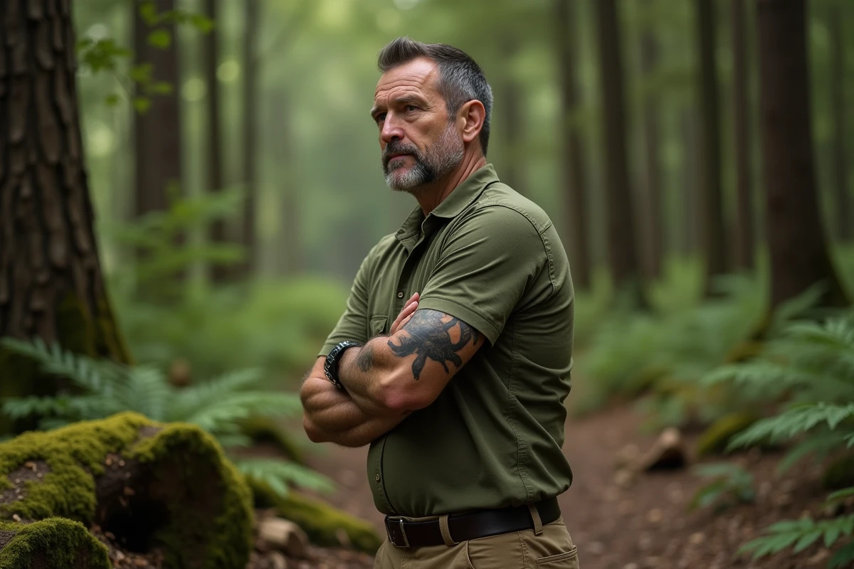 Homme dans la forêt avec tatouage tortue sur bras en pleine nature