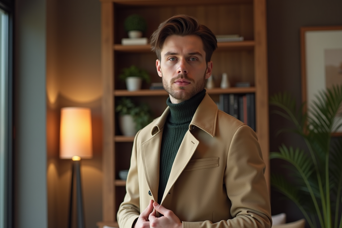 Homme professionnel en trench dans un intérieur cosy