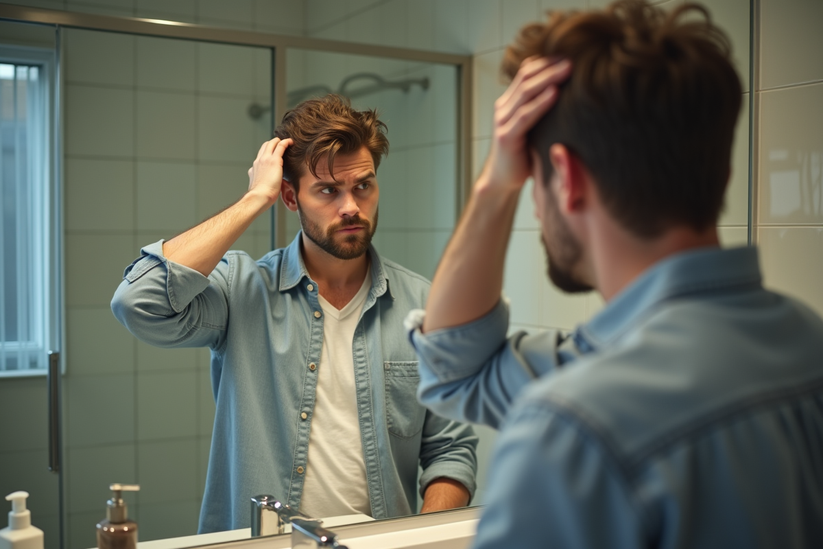 Jeune homme regardant son cuir chevelu dans le miroir de la salle de bain