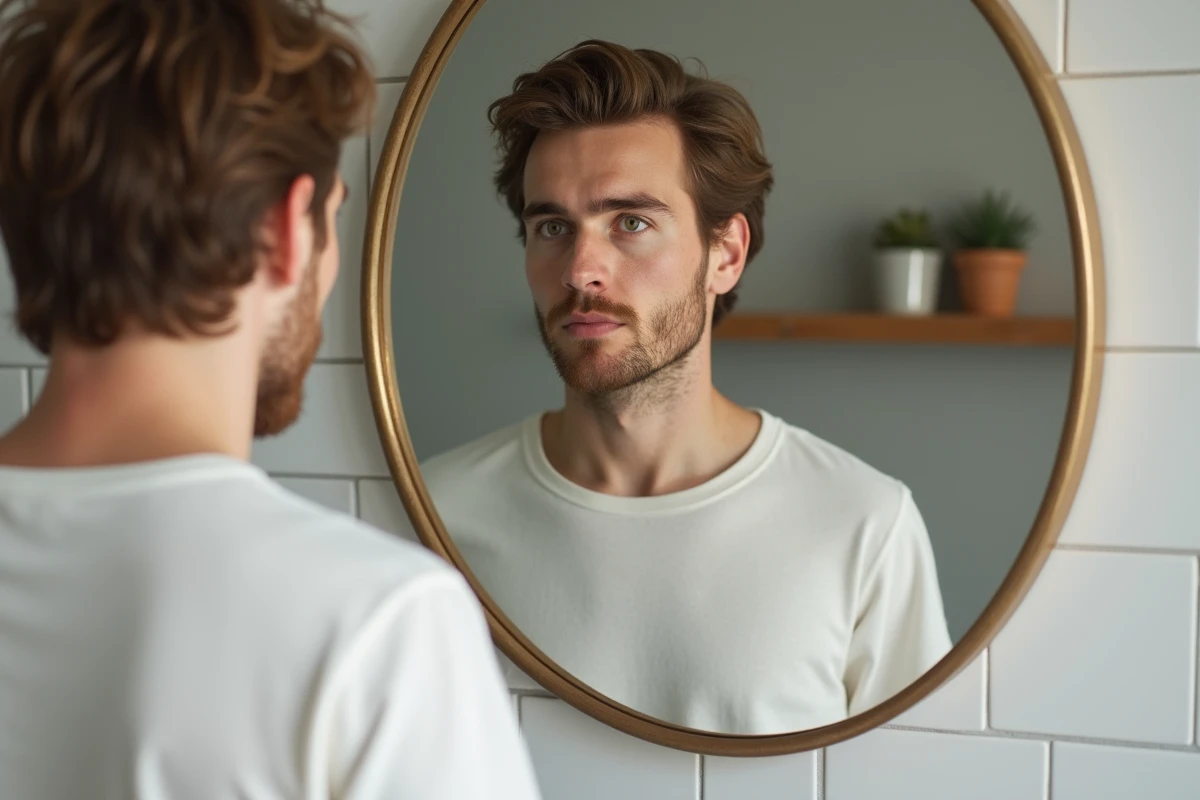 Homme aux yeux gris jaune hazel observant le reflet de ses yeux dans un miroir de salle de bain