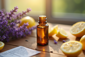 Petite bouteille d'huile essentielle d'ambre avec lavande et citron