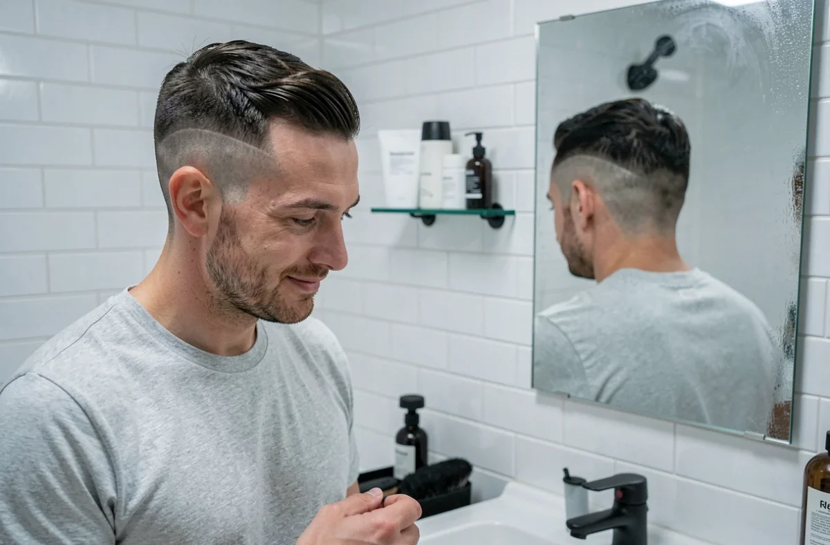 Homme inspectant sa coupe dégradée bas dans le miroir d'une salle de bain moderne