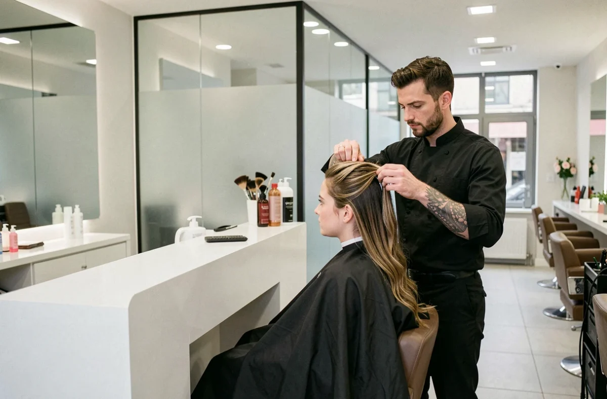 Salon Jean Louis David à Amiens avec un coiffeur en uniforme sombre finalisant la coiffure d'un client dans un espace épuré