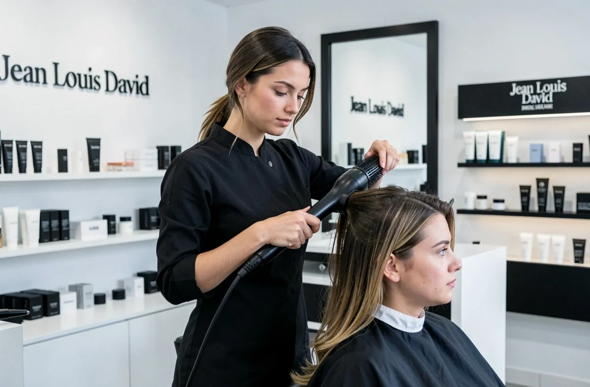 Salon Jean Louis David à Lille avec une coiffeuse en uniforme noir coiffant une cliente dans un cadre minimaliste moderne
