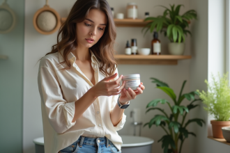 Jeune femme examinant un pot de crème bio dans une salle de bain écologique