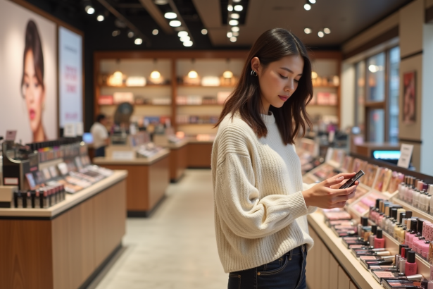 Jeune femme regardant les produits de maquillage en magasin