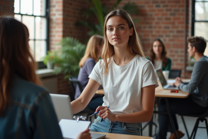Jeune femme en jeans et t-shirt blanc lors d'un casting