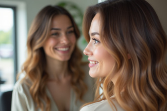 Jeune femme aux cheveux brillants et balayage souriante dans un salon