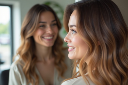 Jeune femme aux cheveux brillants et balayage souriante dans un salon