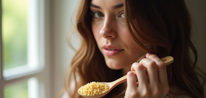 Jeune femme aux cheveux brillants tenant une cuillère de levure