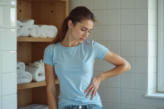 Jeune femme vérifiant son odeur sous le bras dans une salle de bain moderne